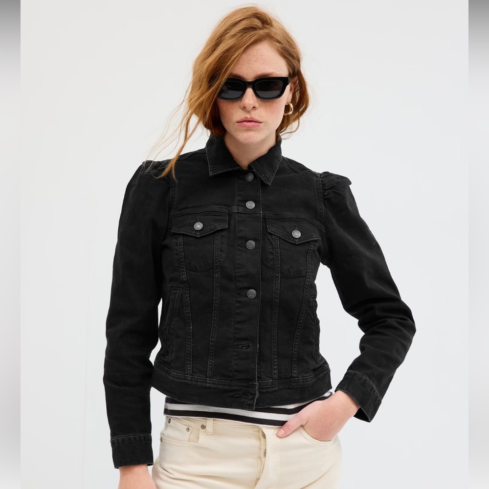 NWT GAP Black Puff Sleeve Icon Denim Jacket with Washwell